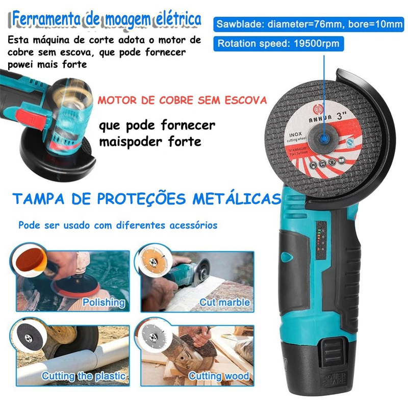 Esmerilhadeira Lixadeira Sem Fio Portátil Serra Mármore A Bateria 12V 1800 Miliampere