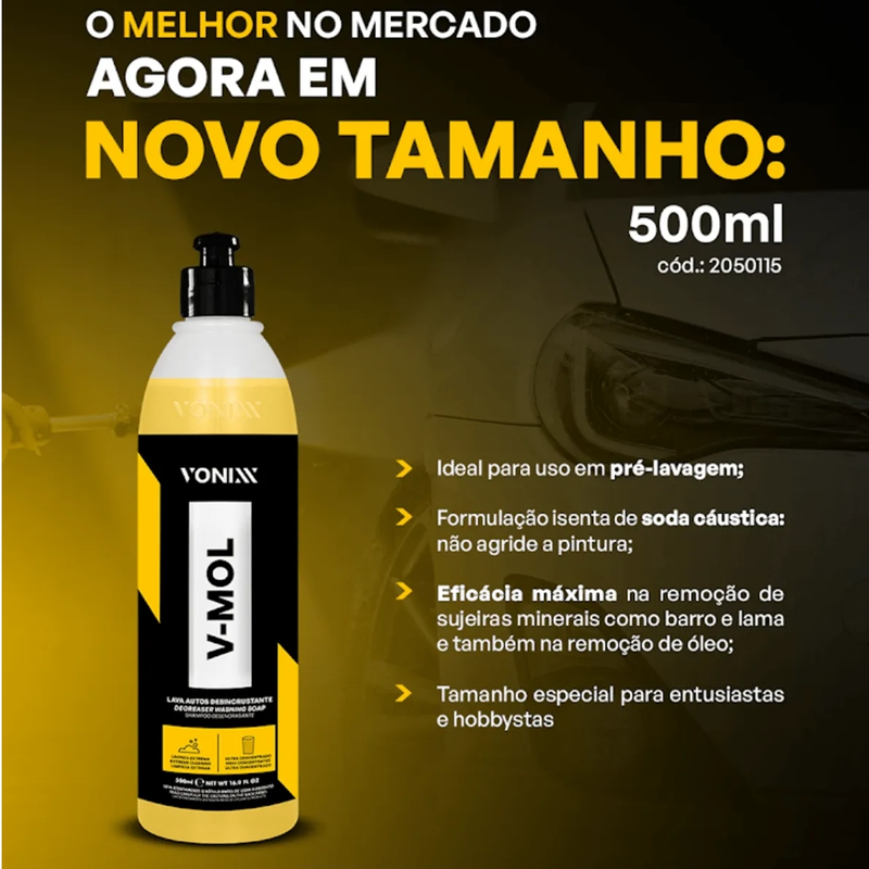 Kit Shampoo Automotivo Vonixx Produto para Lavar Moto Carro V-Floc e V-Mol Luva Microfibra Grande e Pincel