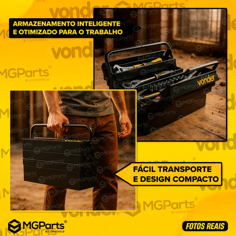 Caixa de Ferramentas 7 Gavetas Vonder 50 Cm Profissional Metálica Vonder Sanfonada Reforçada Cabo