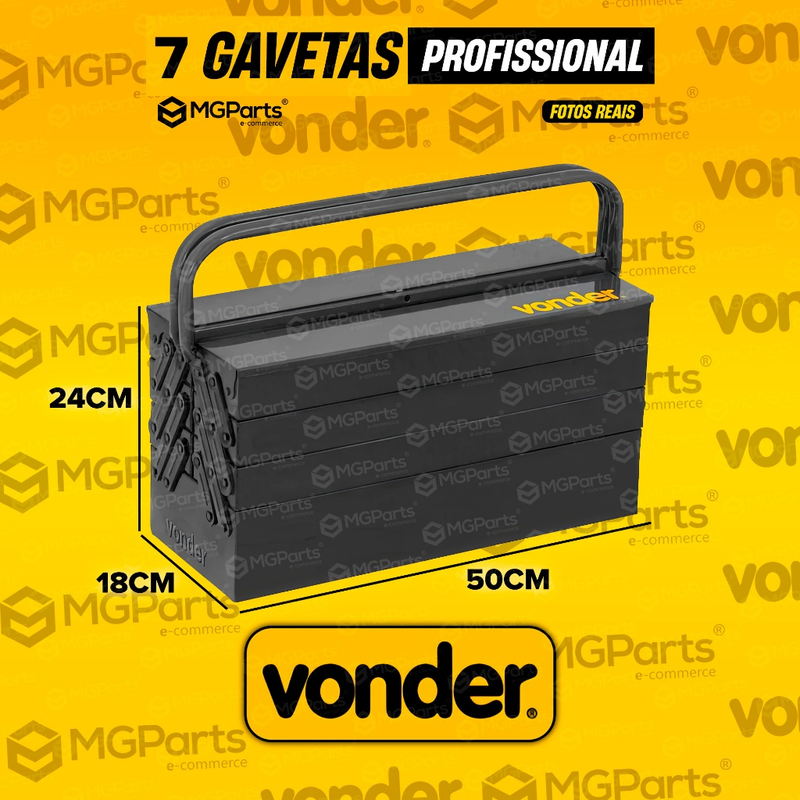 Caixa de Ferramentas 7 Gavetas Vonder 50 Cm Profissional Metálica Vonder Sanfonada Reforçada Cabo