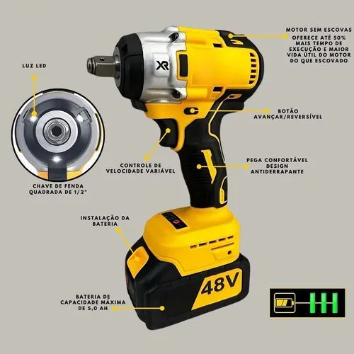 Chave de Impacto Profissional Bateria 48V de Litio recarregável portátil parafusadeira de impacto torque - Bivolt