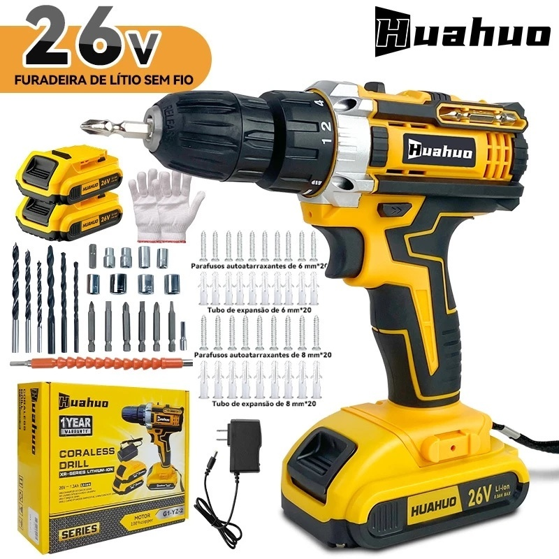 Furadeira Parafusadeira 26V/18V/12V Baterias Sem Fio Impacto Com Maleta Completo Broca Caixa de papelão Maleta Bivolt~