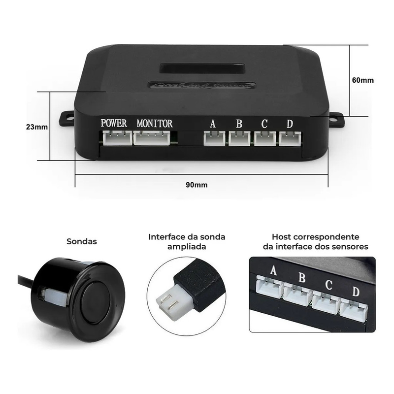 Kit Sensor De Estacionamento Ré 4 Sensores Display 22mm Universal Para Carro